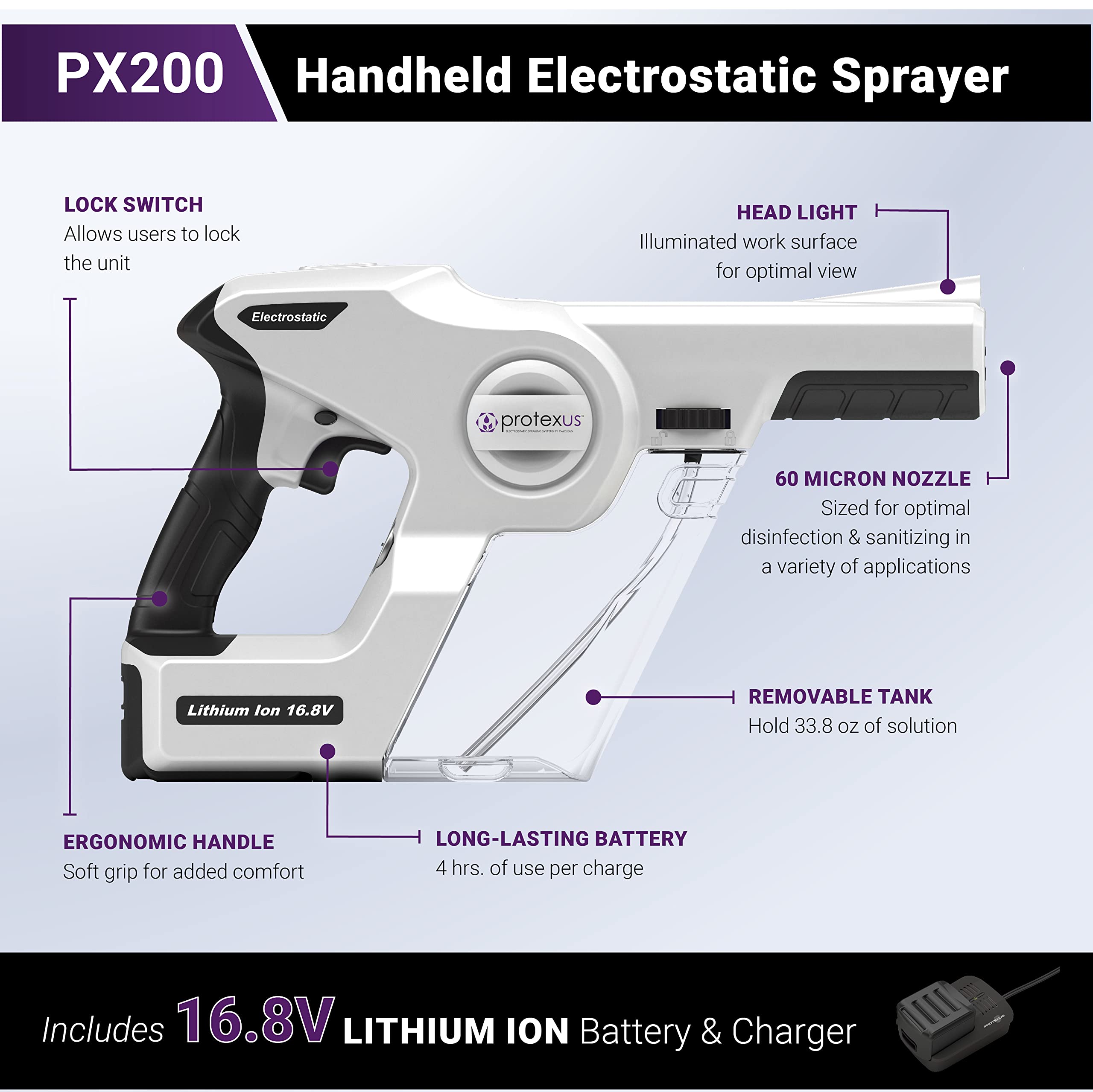 EvaClean Protexus PX200 tank assembly with 34oz capacity for wide-area coverage