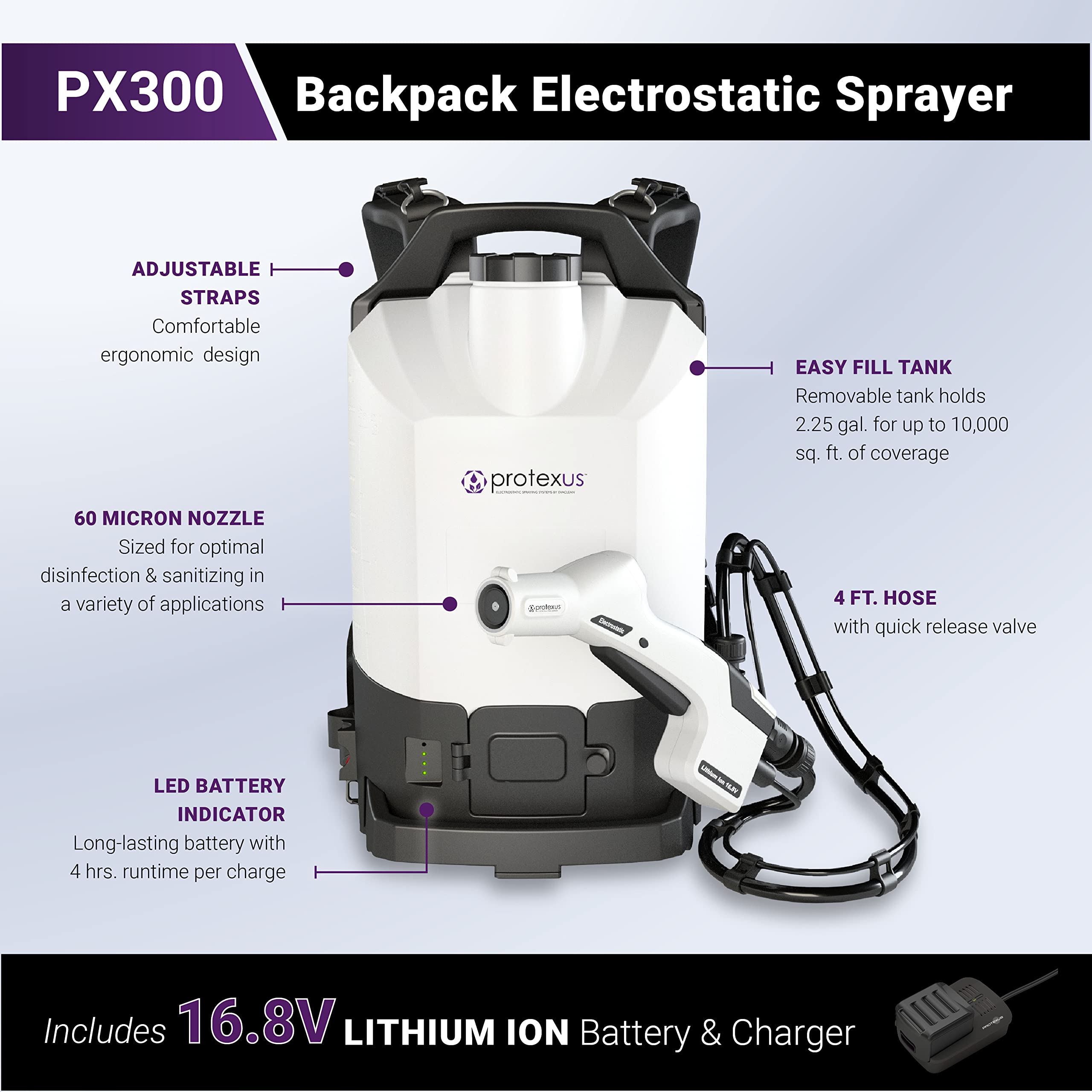 EvaClean Protexus PX300 cordless operation for fast, portable disinfection tasks.
