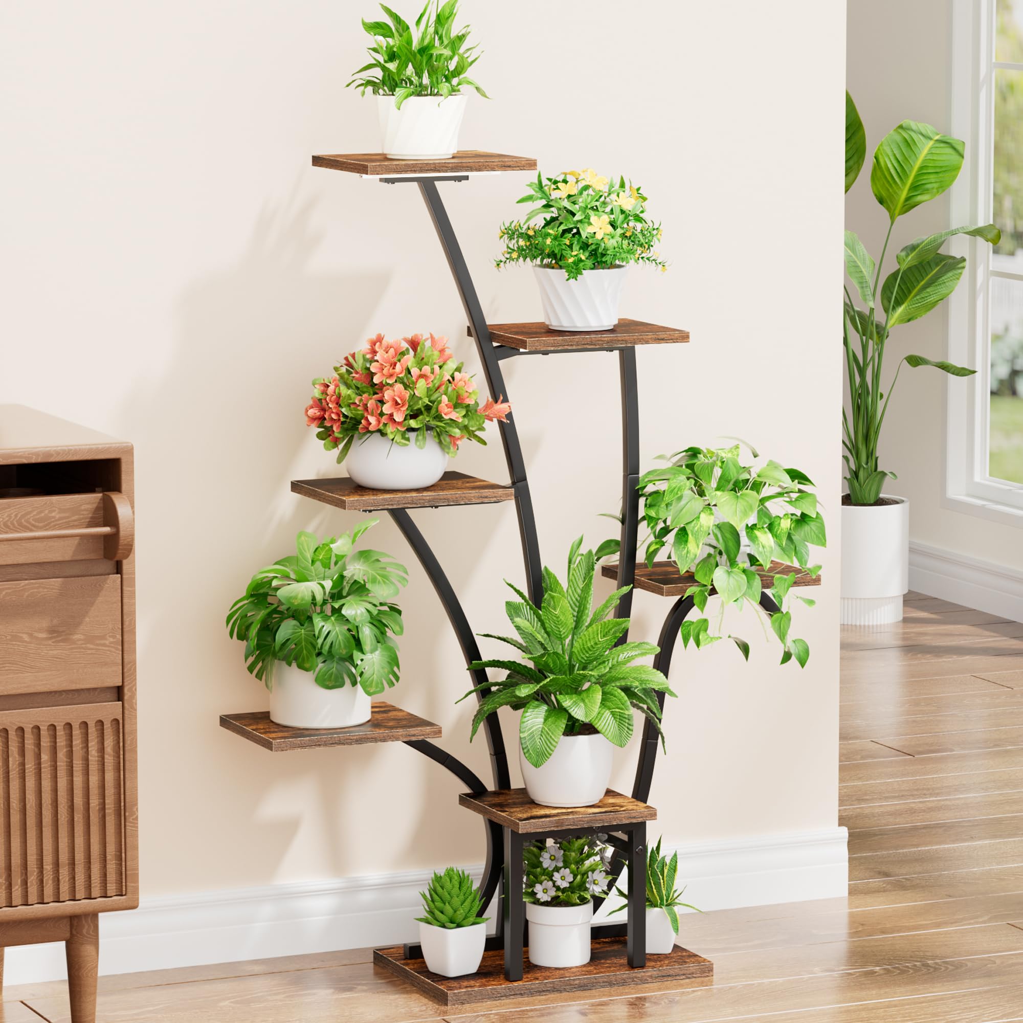 EVAWOO iron frame with wooden shelves providing sturdy plant support