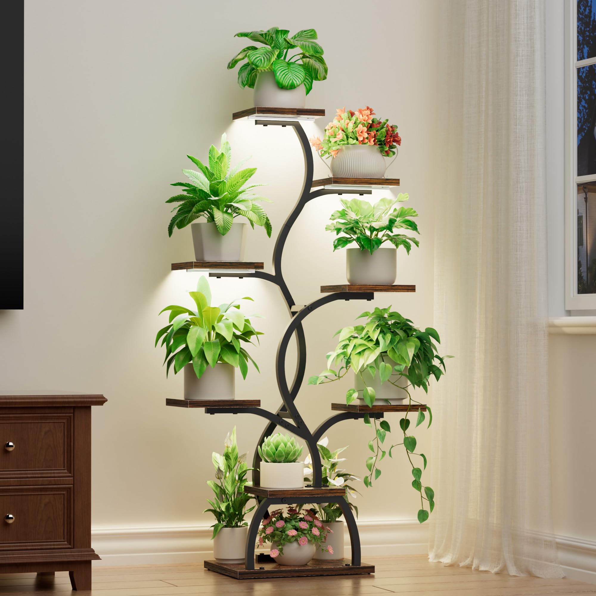EVAWOO plant stand with grow light top view showing space-saving corner placement