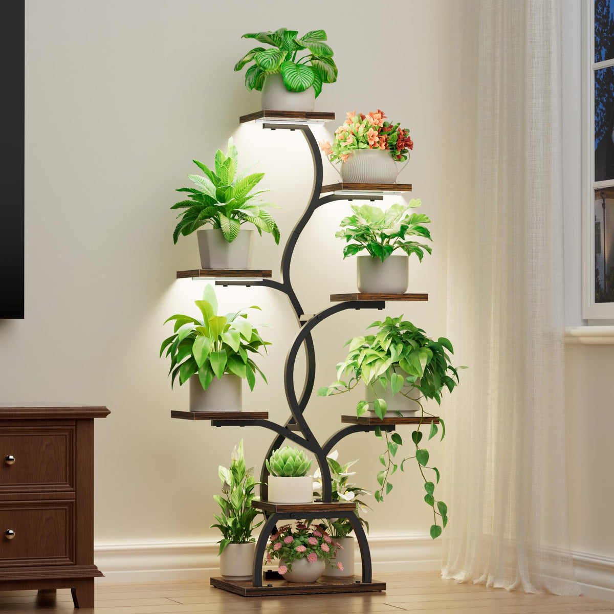 EVAWOO plant stand with grow light top view showing space-saving corner placement