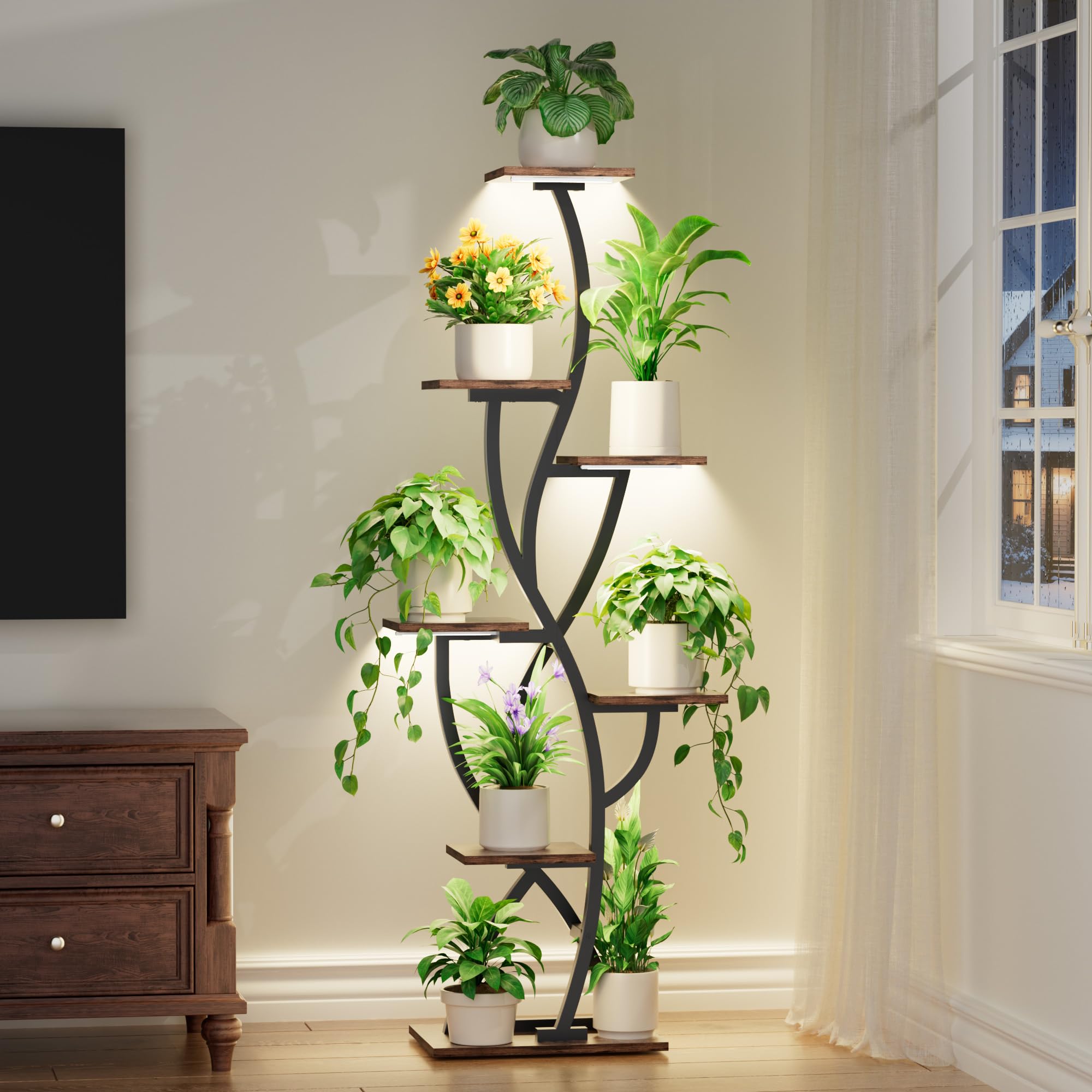 EVAWOO plant stand with grow lights front view, 58-inch tall corner design.
