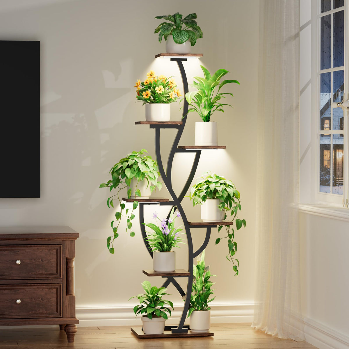 EVAWOO plant stand with grow lights front view, 58-inch tall corner design.