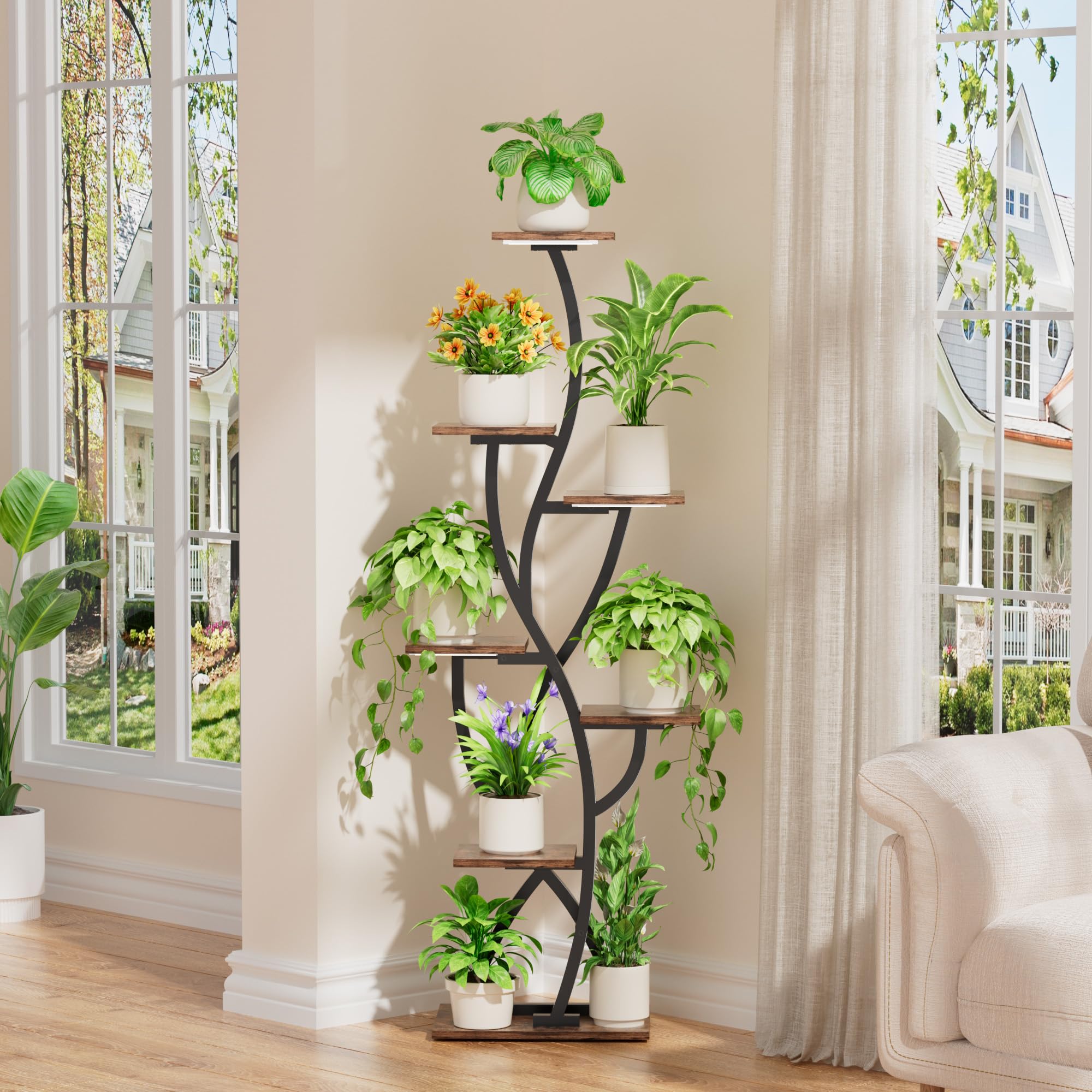 EVAWOO 58-inch spiral stand with tiered shelves for multiple indoor plants.