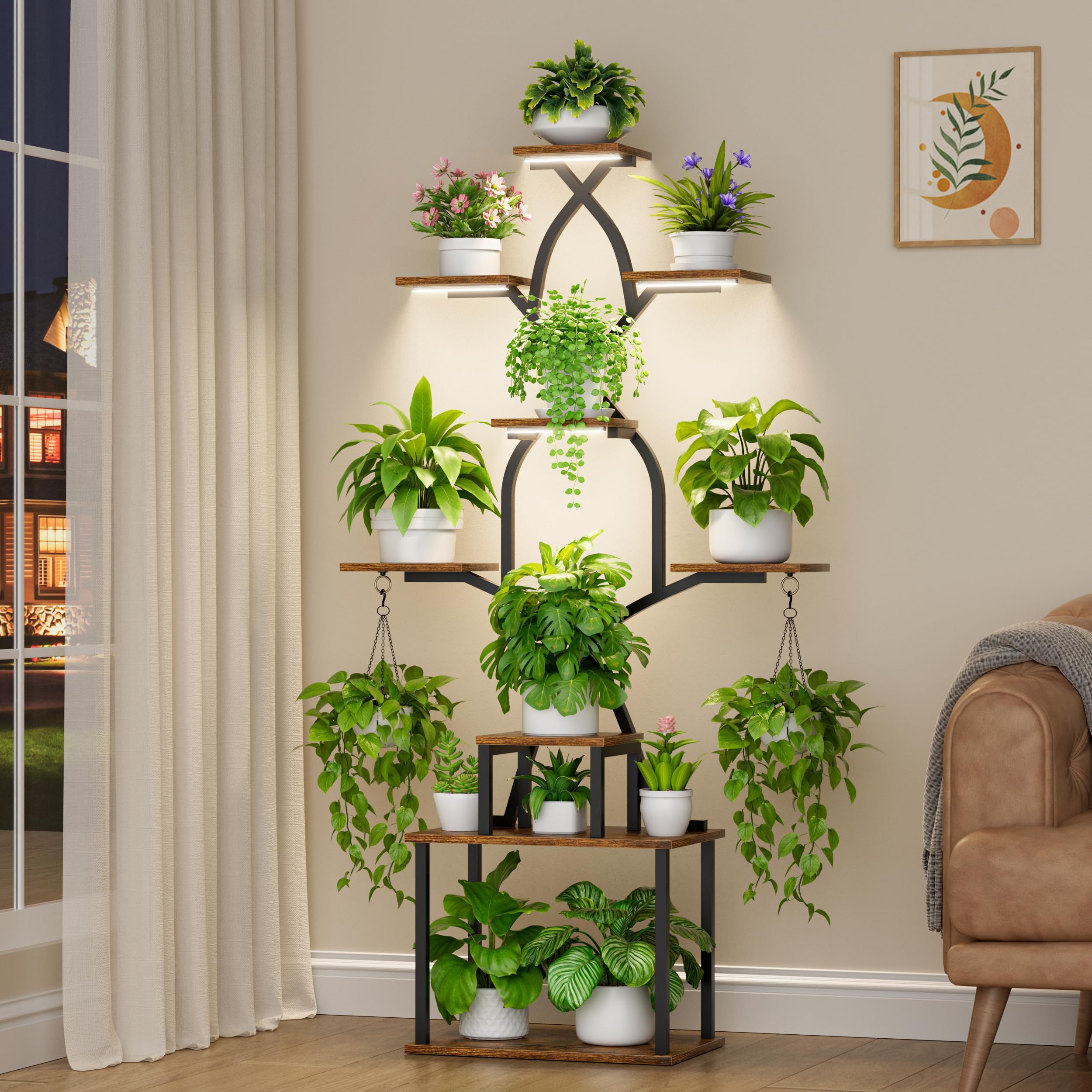 EVAWOO plant stand with grow lights front view, space-saving corner setup.