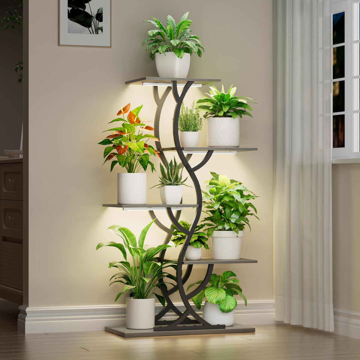EVAWOO plant stand with grow lights setup showing full-spectrum lighting for indoor greens