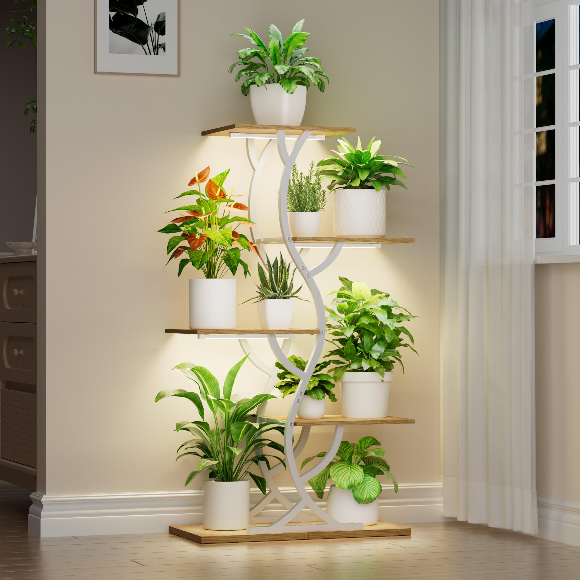 EVAWOO plant stand with grow lights set up in a corner.