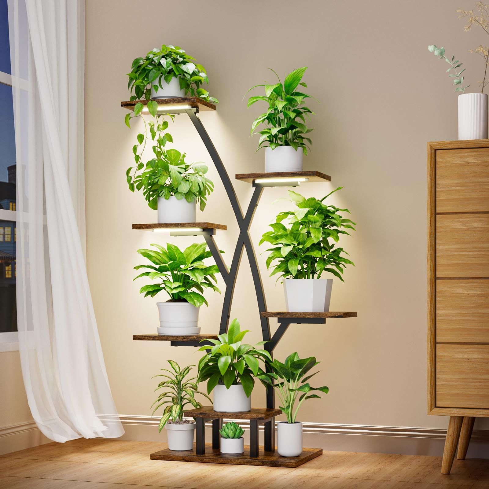 EVAWOO tree-shaped stand enhances living room decor while housing multiple plants.