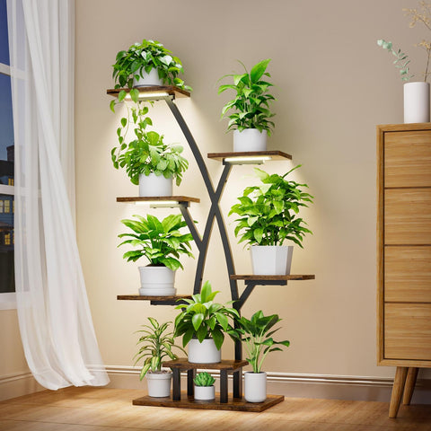 EVAWOO tree-shaped stand enhances living room decor while housing multiple plants.