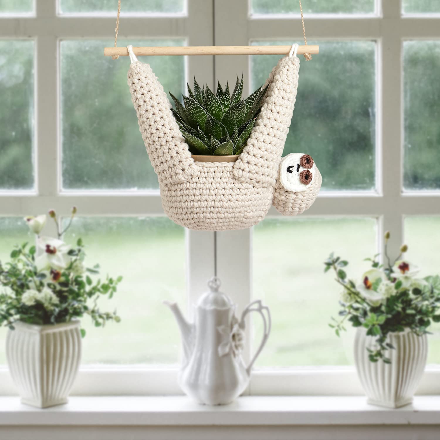 Evbopa sloth in cotton-linen material highlights soft texture for home decor.