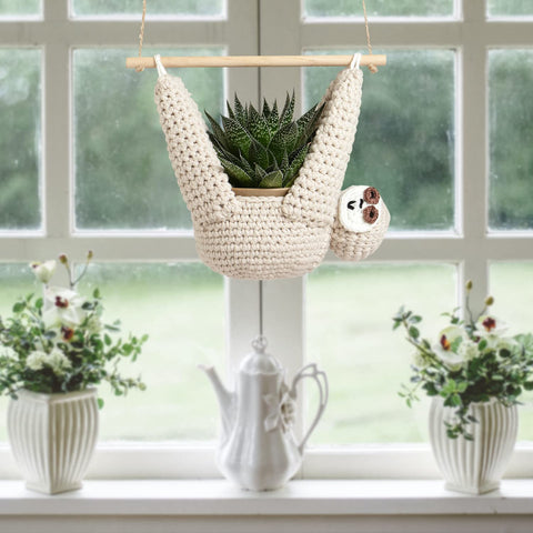 Evbopa sloth in cotton-linen material highlights soft texture for home decor.