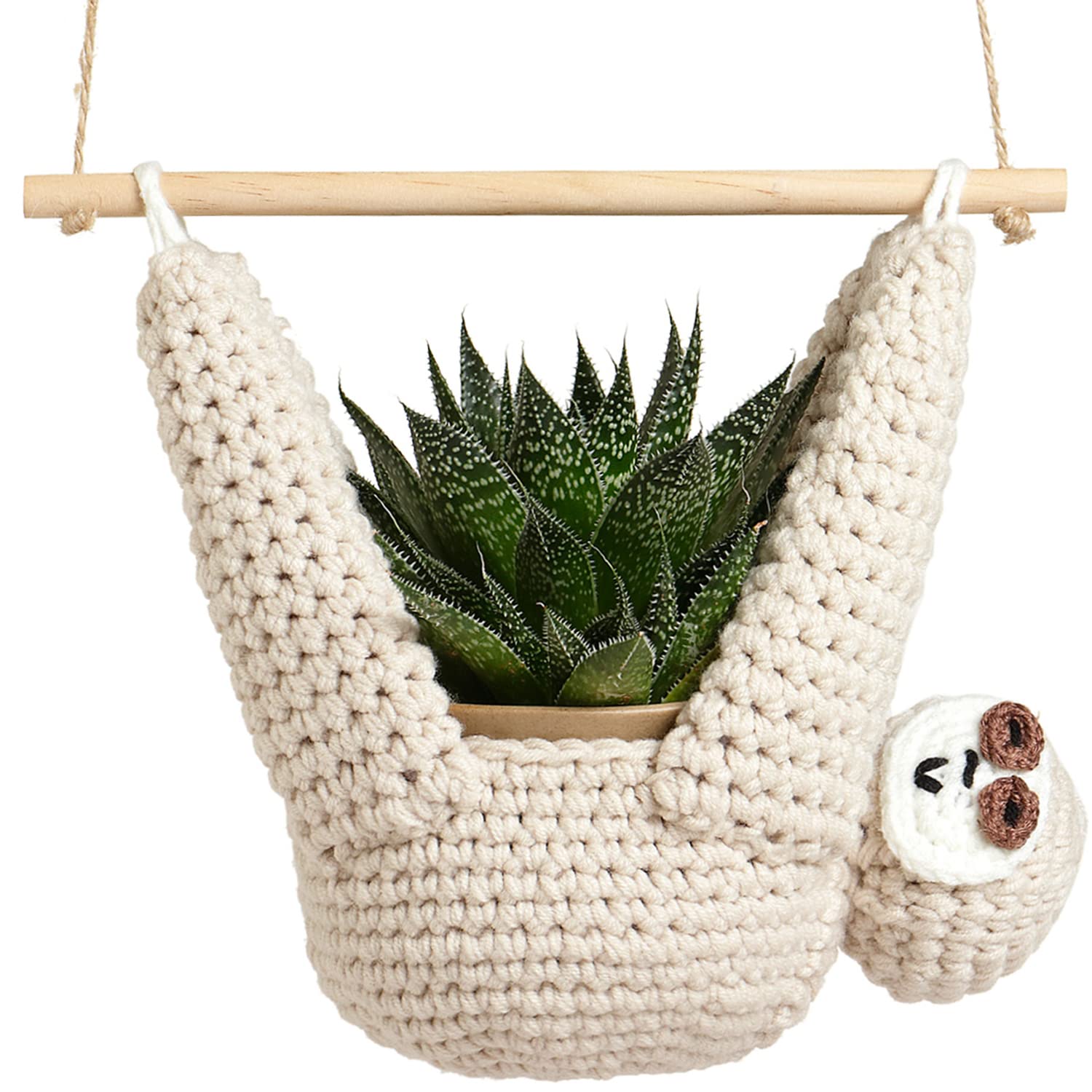 Evbopa sloth macrame plant hanger with wooden dowel supports 11 cm pots.