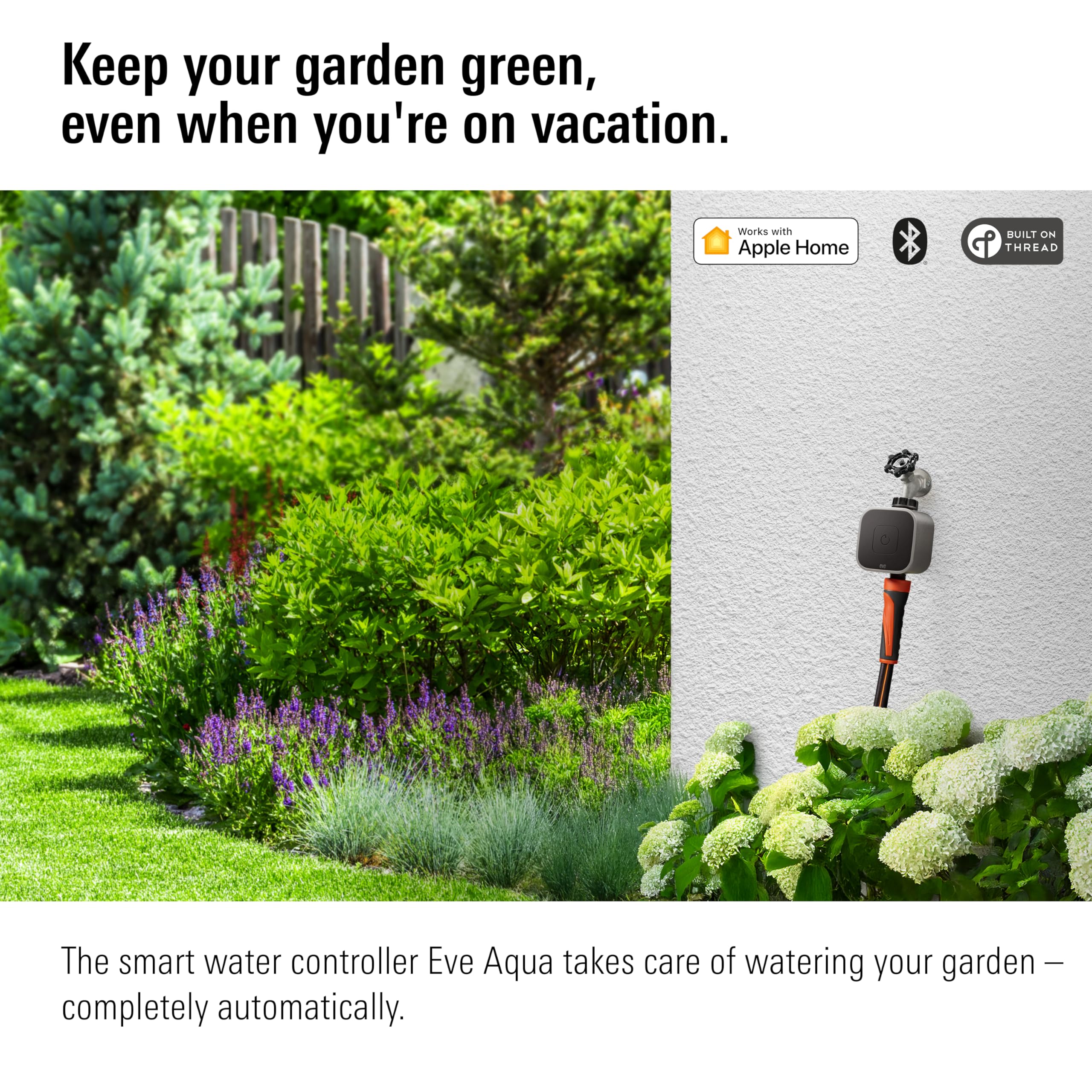 Eve Aqua app control panel showing Siri and HomeKit integration for irrigation