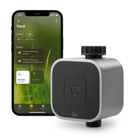 Eve Aqua front view of outdoor smart water controller for easy garden irrigation