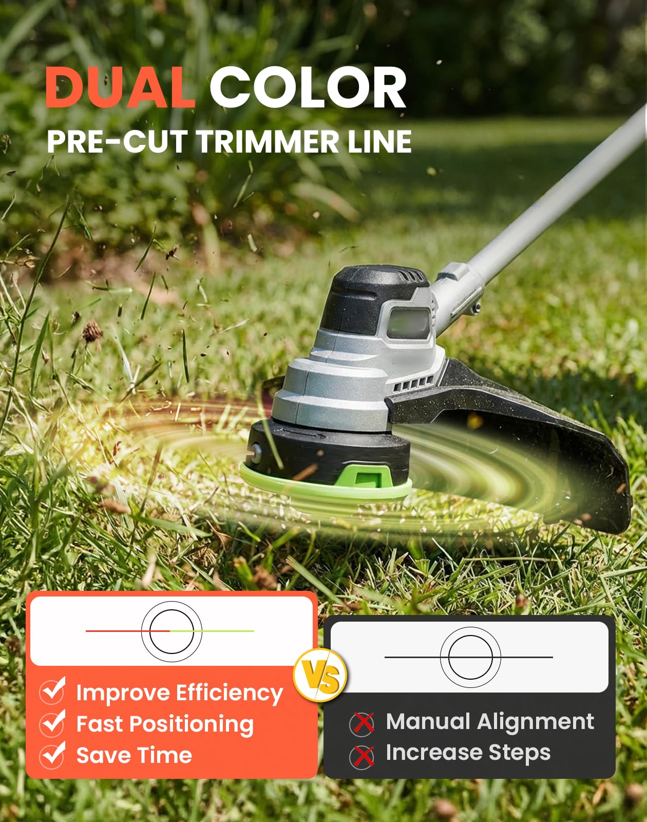 Eventronic twisted design boosts cutting efficiency through heavy weeds and coarse grasses.