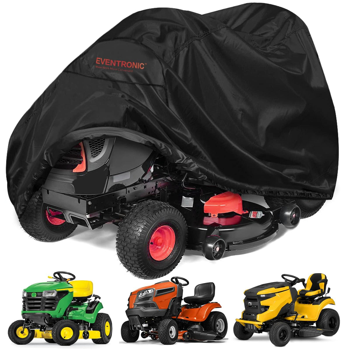 Eventronic riding lawn mower cover on deck protects from rain and sun.