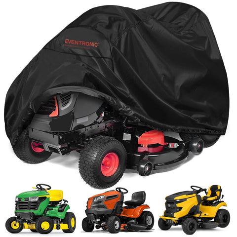 Eventronic riding lawn mower cover on deck protects from rain and sun.