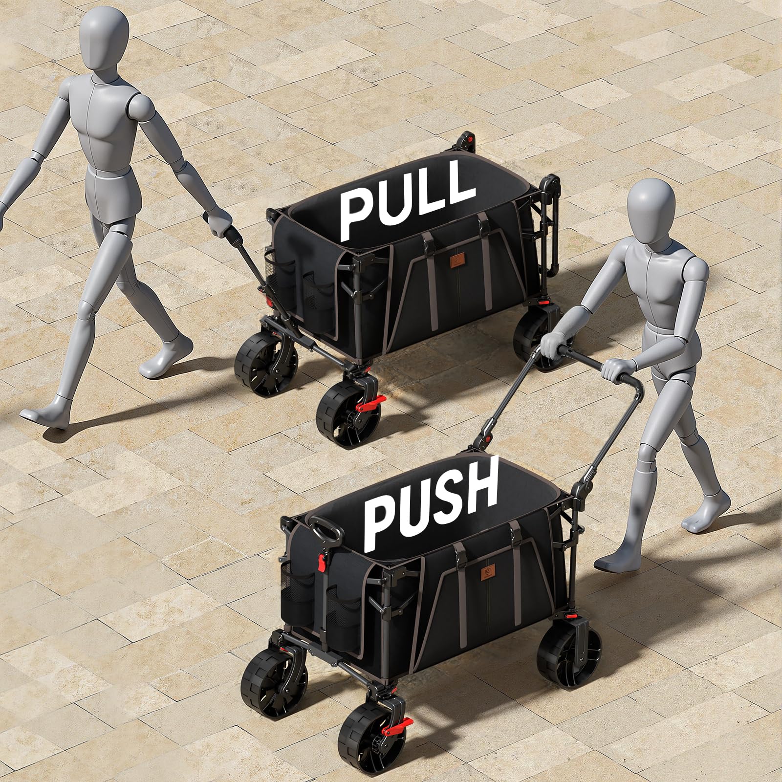EVER ADVANCED all-terrain wheels offering smooth navigation with brakes for safety.