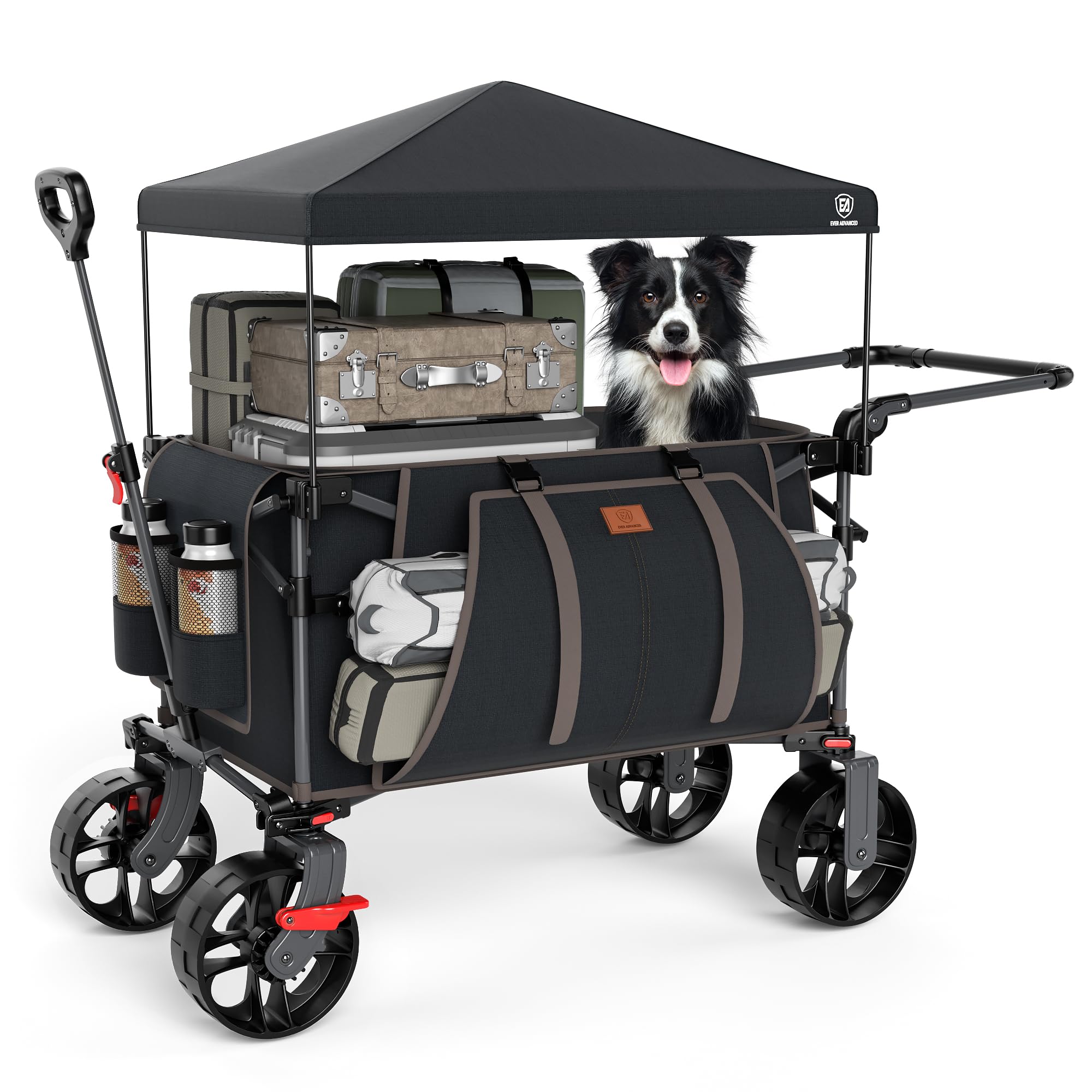 EVER ADVANCED folding push wagon with canopy for easy beach trips and sun protection.