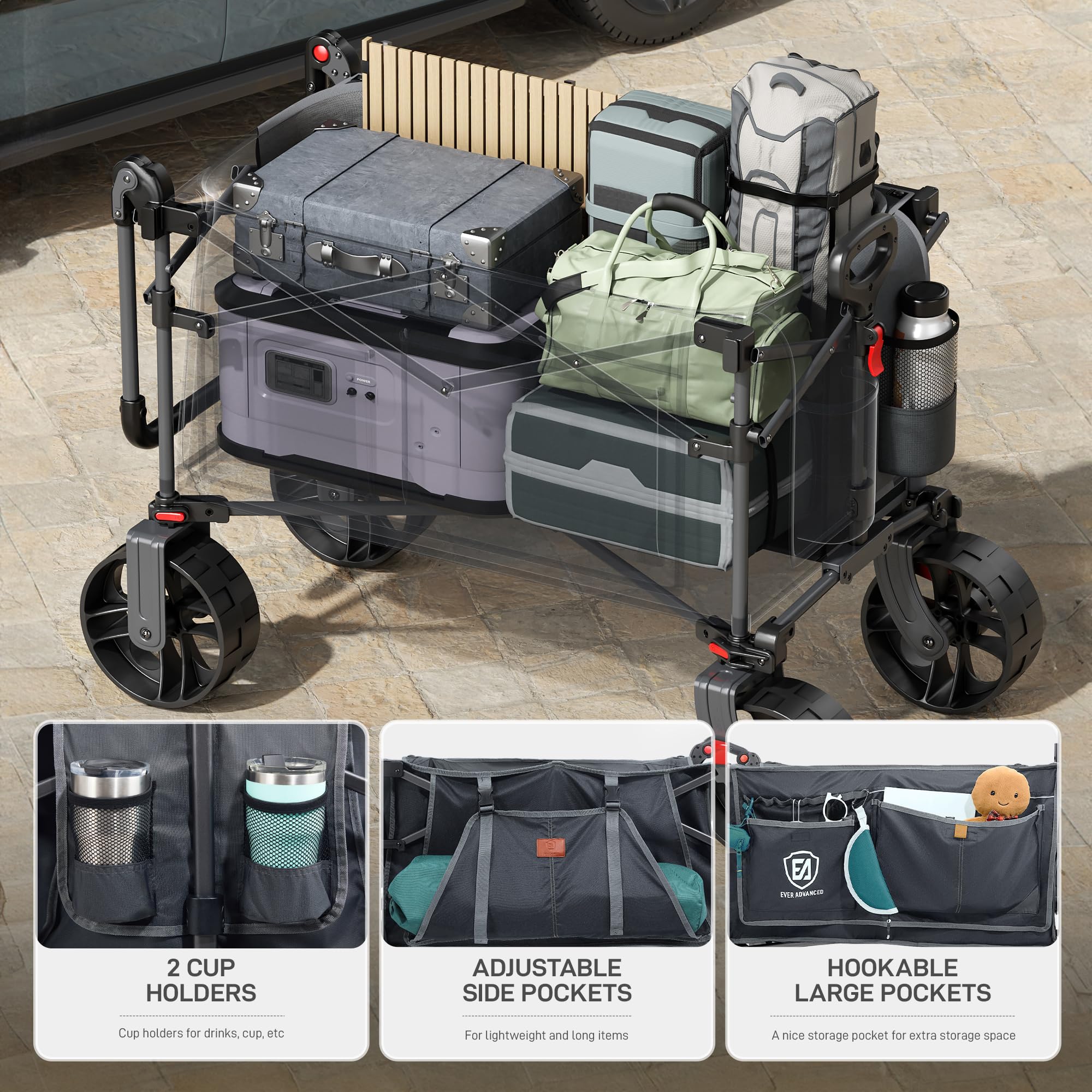 EVER ADVANCED wagon with brakes gives confident stops on slopes and crowded sidewalks.