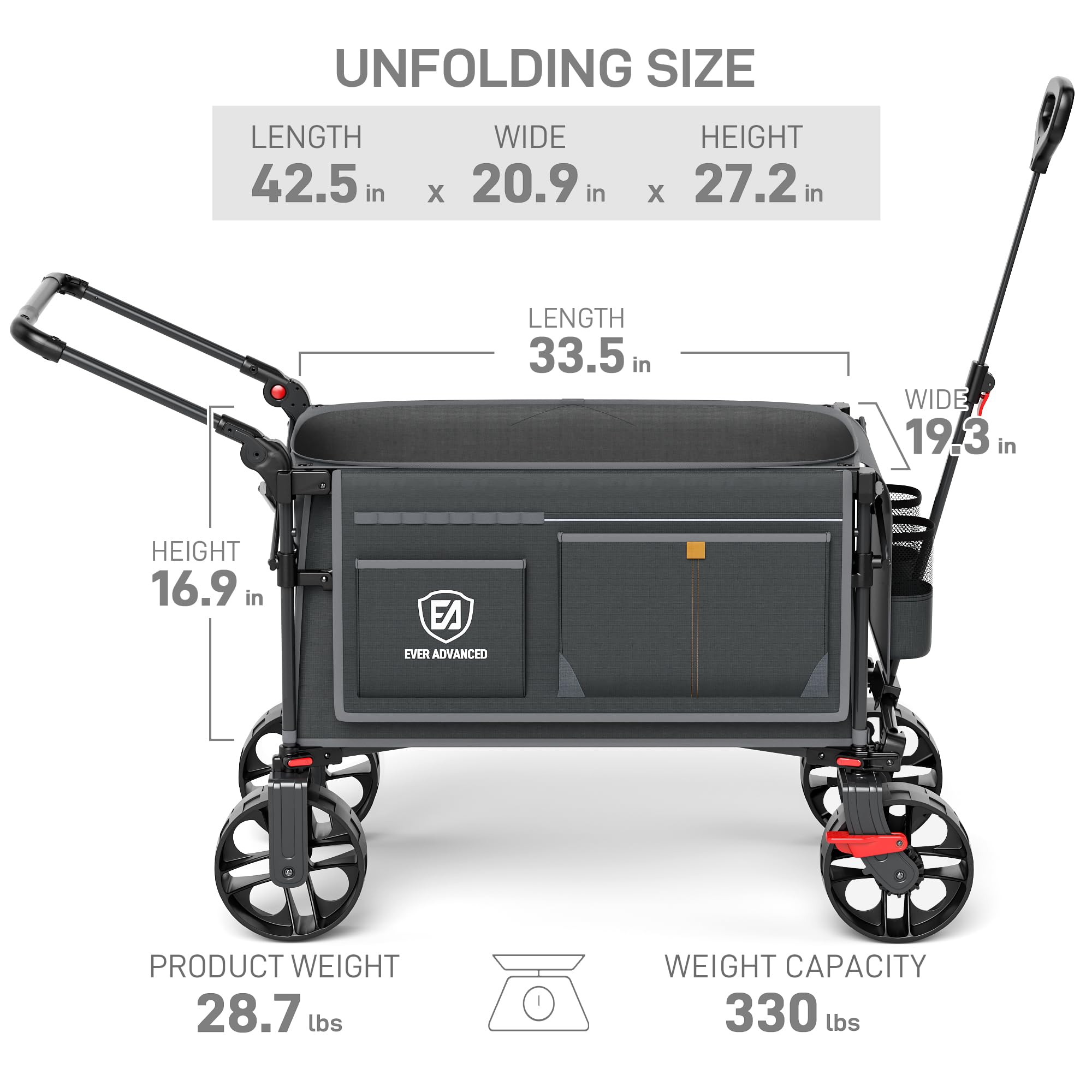 Ever Advanced wagon with cup holders and side pockets for quick-access gear.