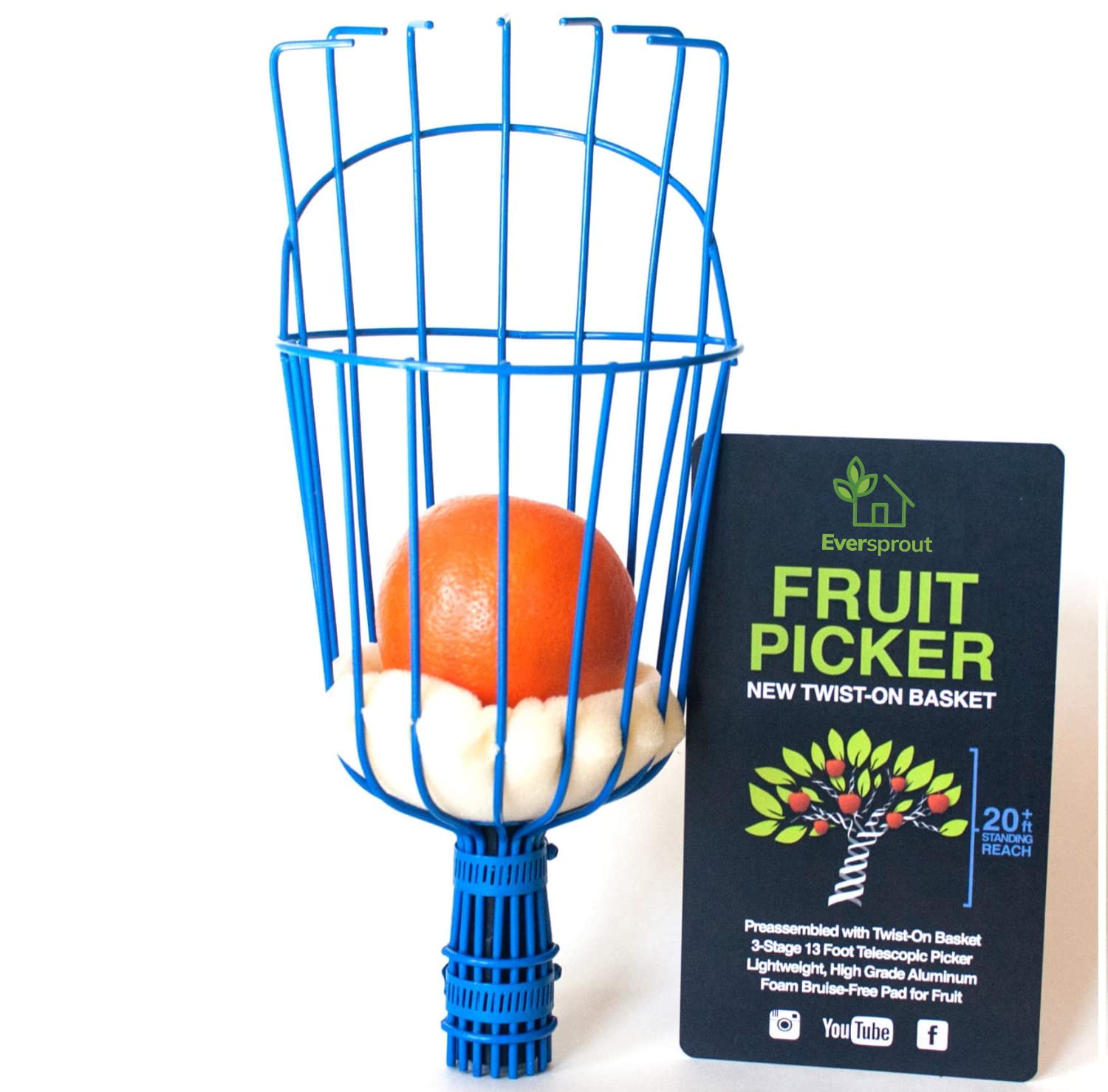 EVERSPROUT Twist-On Fruit Picker Basket showing quick secure pole attachment
