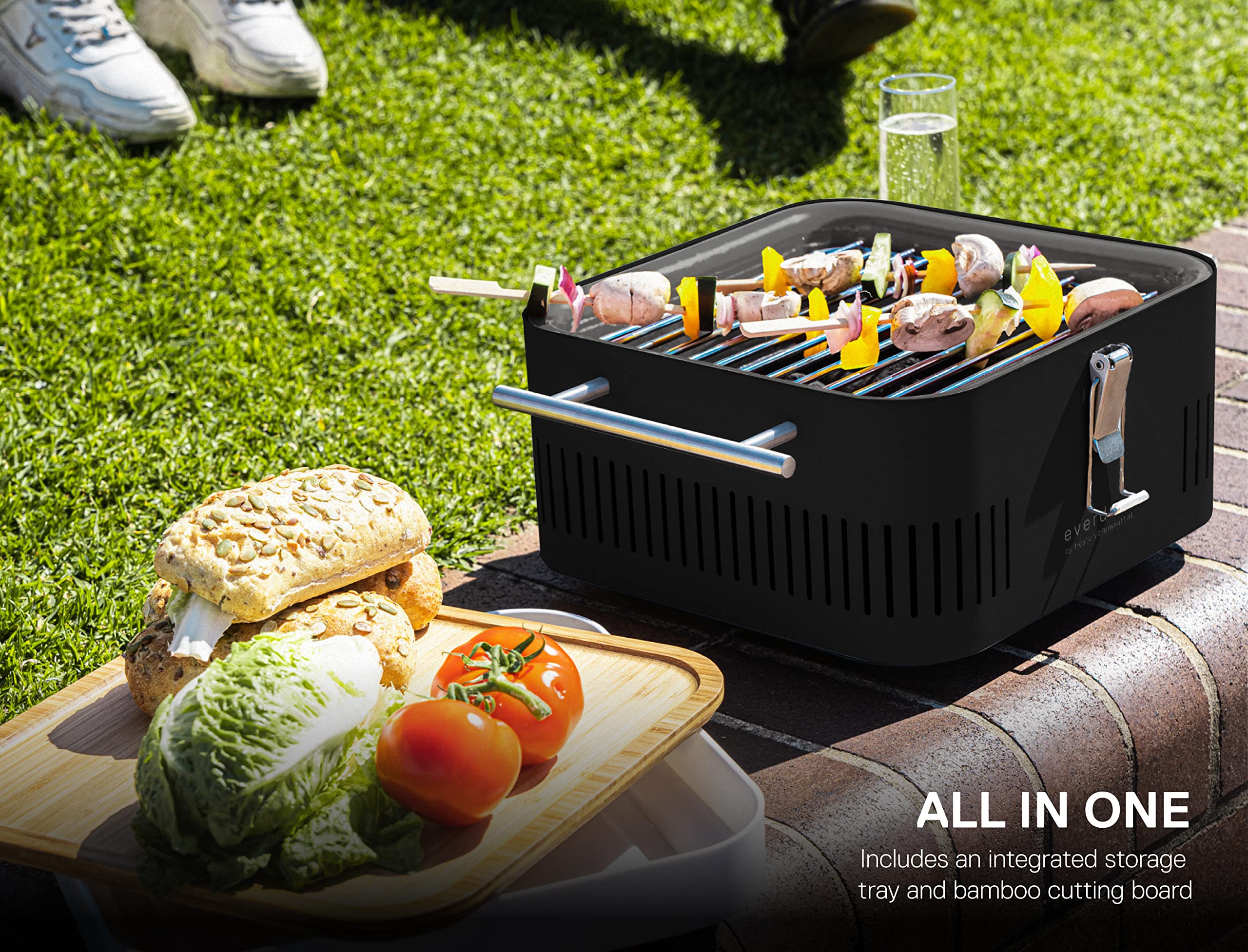 Everdure CUBE integrated storage tray keeps essentials organized while cooking.