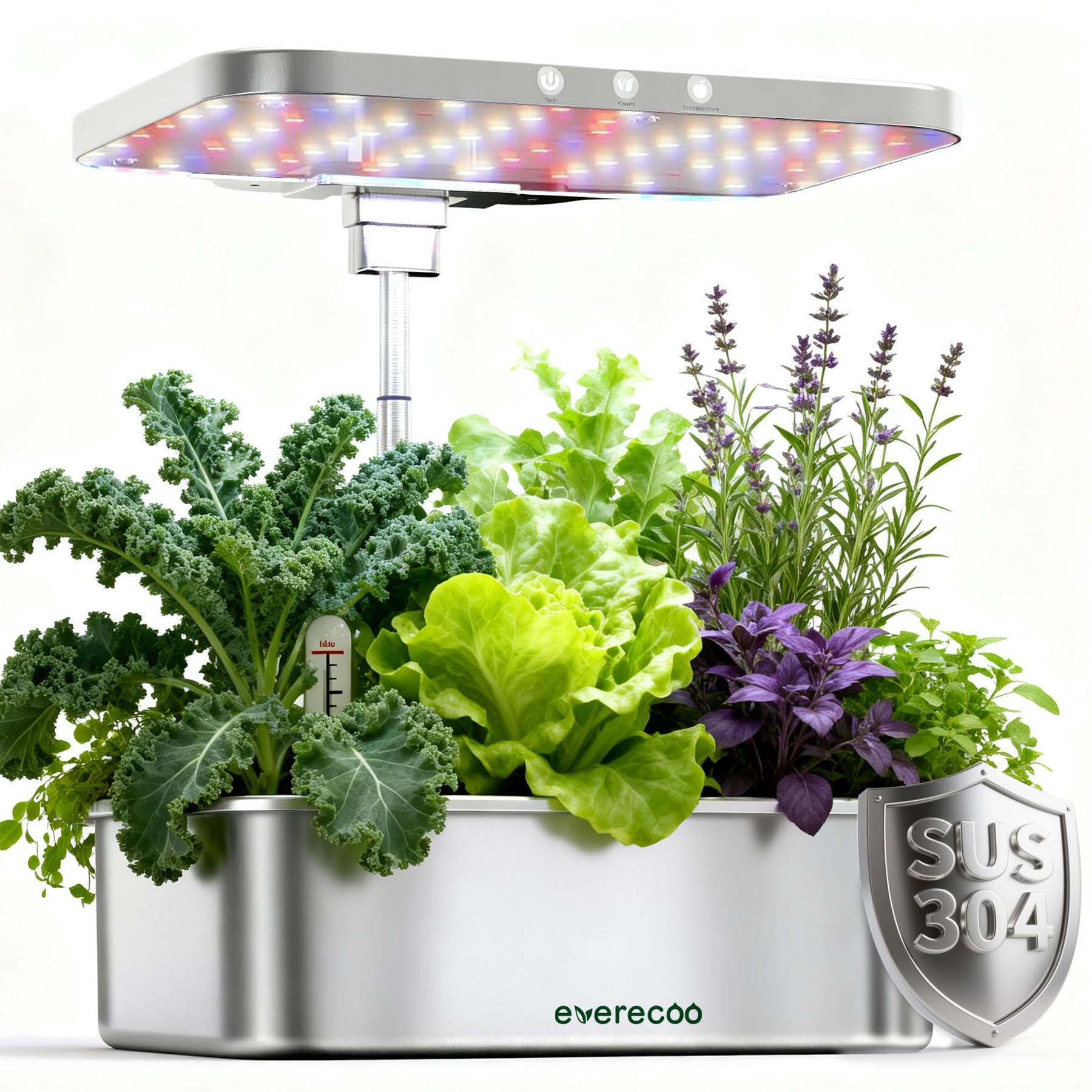 Evereco stainless steel hydroponics system front view for compact indoor gardening.