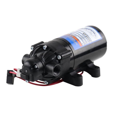 Everflo 12V on-demand diaphragm pump front view for easy mounting in compact systems.