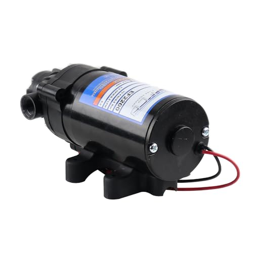 Everflo 12V pump side view highlighting compact profile for portable setups.