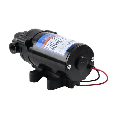 Everflo 12V pump side view highlighting compact profile for portable setups.