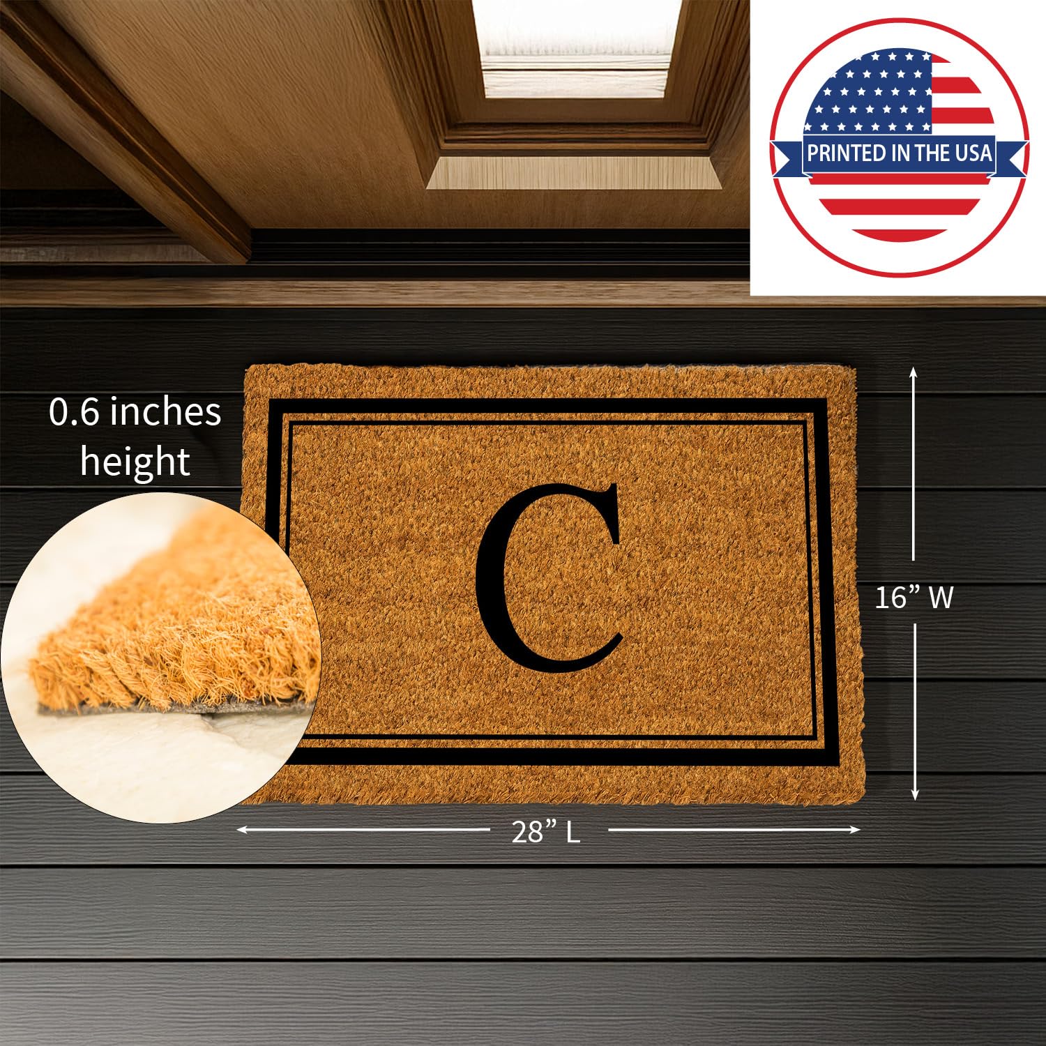Evergreen Flag natural coir entrance mat texture captures dirt at the doorway.