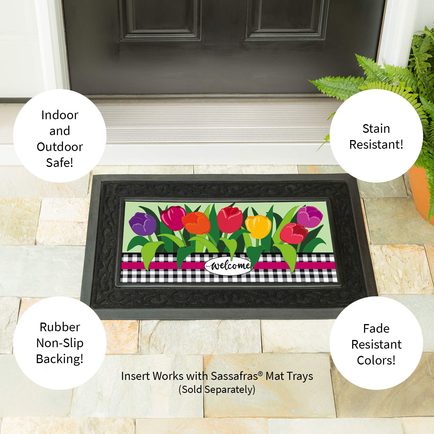 Sassafras mat measures 22x10 inches for front doors and entry trays.