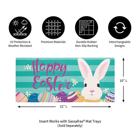 Sassafras mat insert shows bunny and carrots, ideal for outdoor porch or indoor mud-paw wipe.