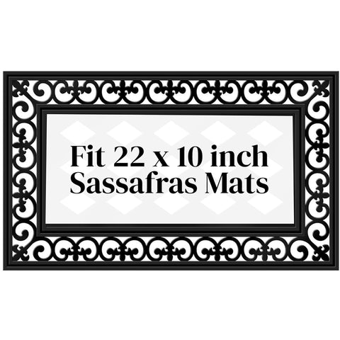 Evergreen Flag Sassafras doormat tray front view with fleur scroll for entryway elegance.
