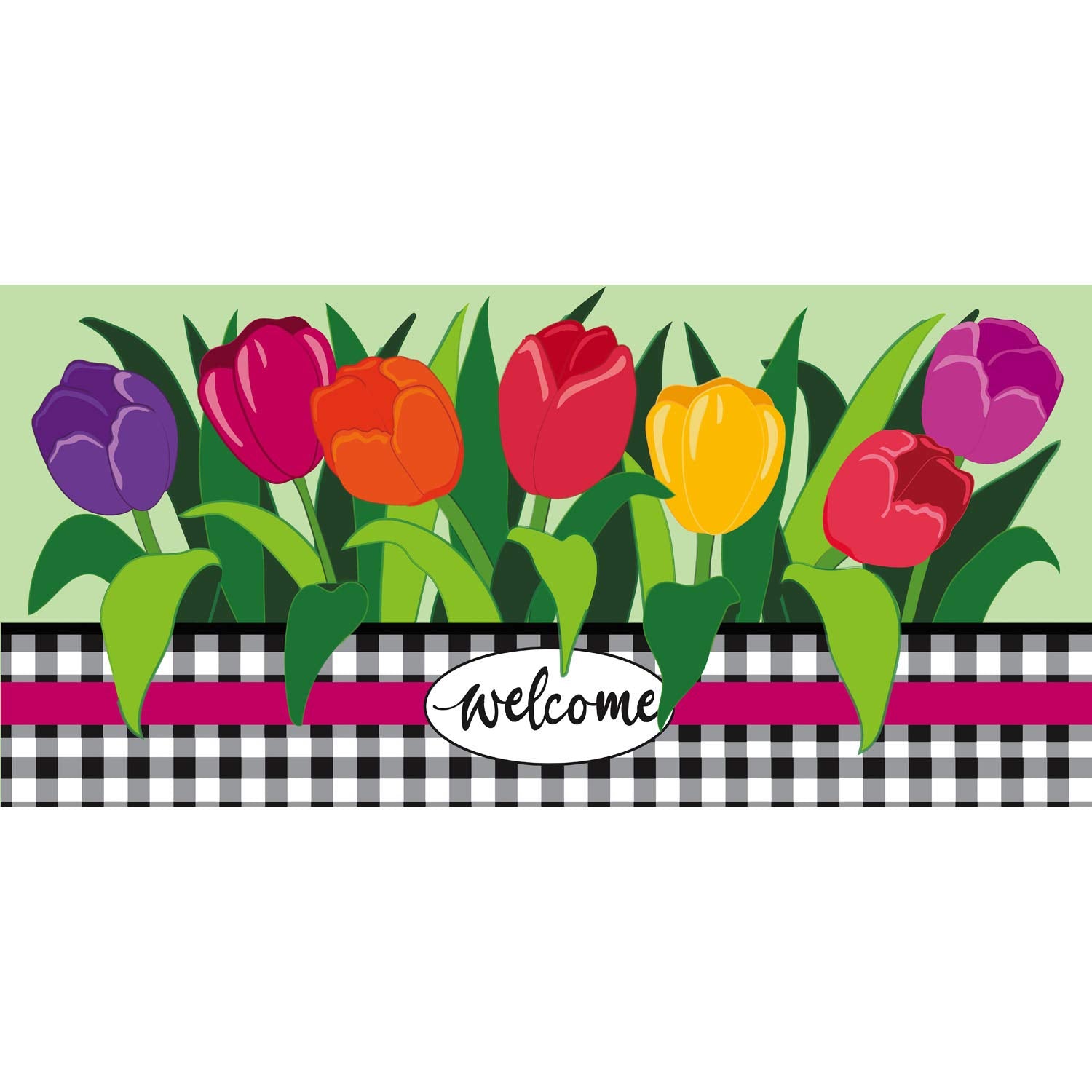Evergreen Flag Sassafras front door doormat with tulips, inviting curb appeal.