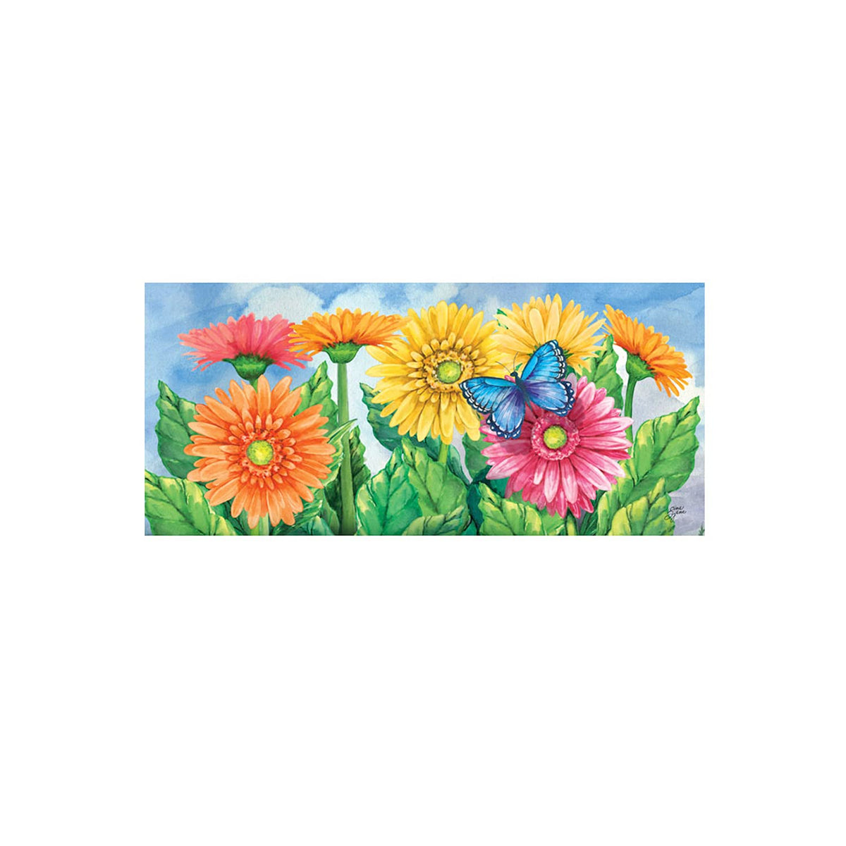 Evergreen Flag Sassafras Gerbera Daisies doormat front-door view with vibrant print.
