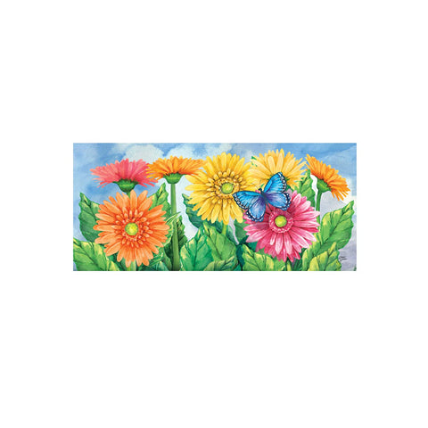 Evergreen Flag Sassafras Gerbera Daisies doormat front-door view with vibrant print.