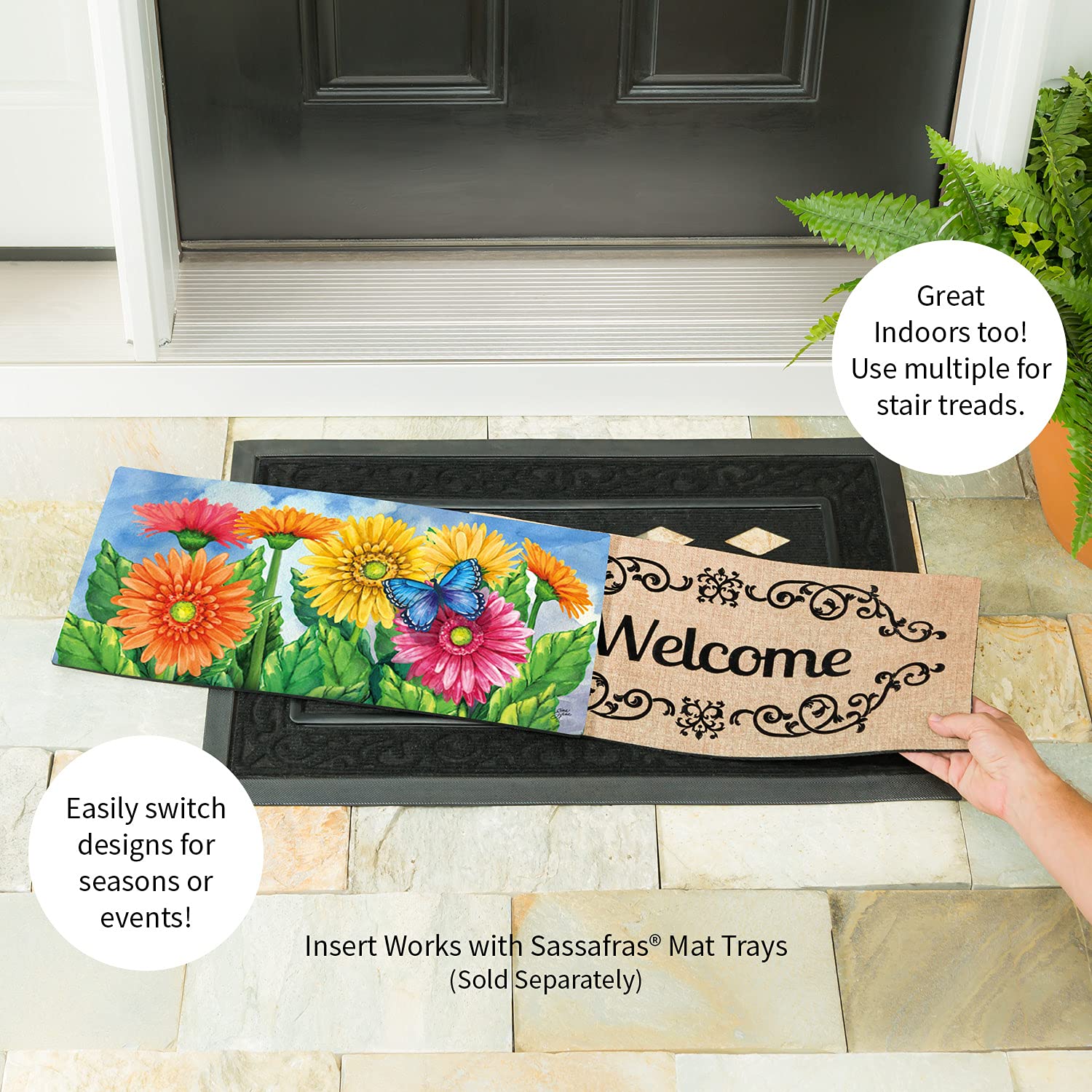 Sassafras Gerbera Daisies doormat with non-slip backing stays secure on porch.