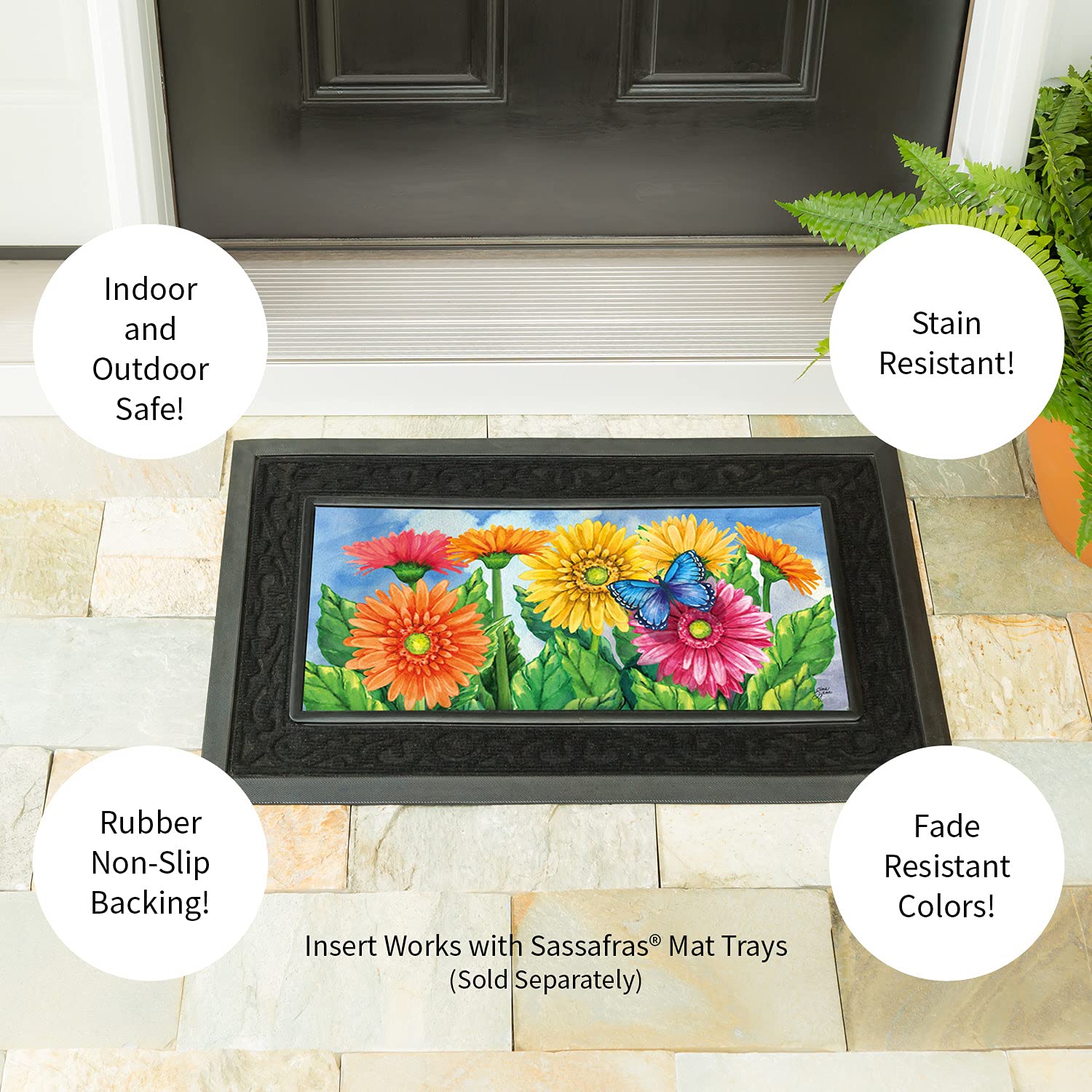 Doormat prepared for outdoor use year-round by Evergreen Flag Sassafras Gerbera Daisies.