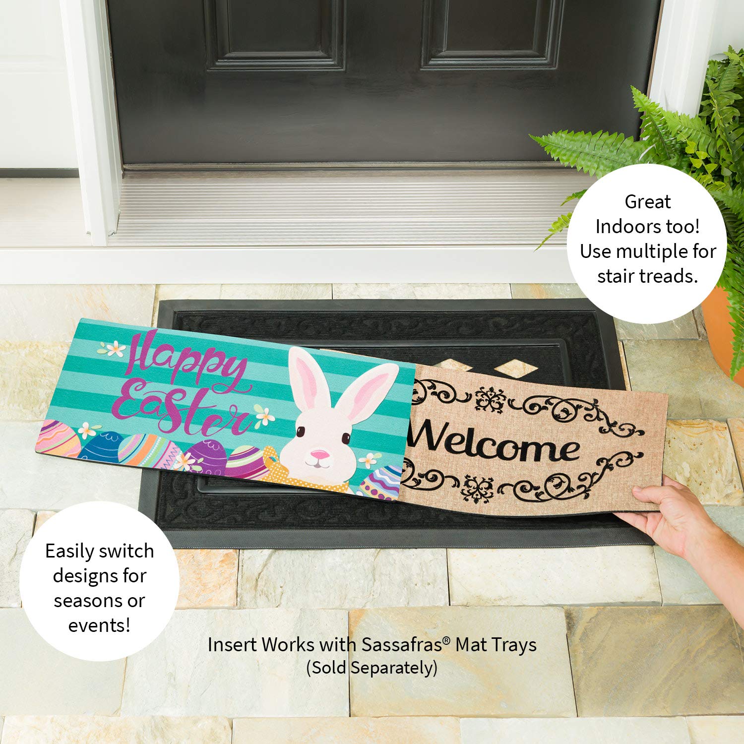Evergreen Flag Sassafras mat features non-slip backing for stable, quick-drying indoor/outdoor use.