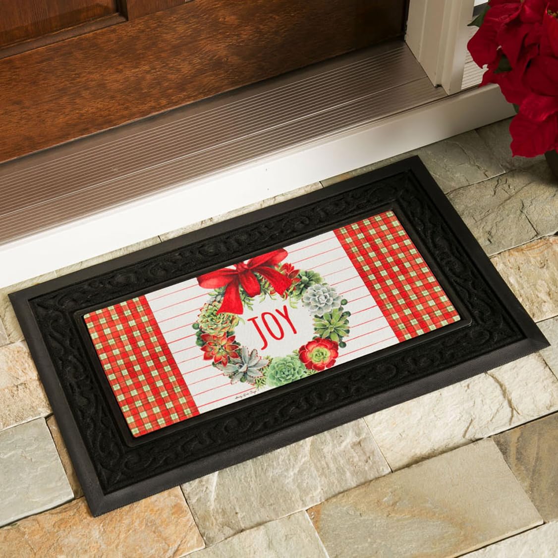 Evergreen Flag Sassafras mat tray on outdoor porch resists rain and dirt.