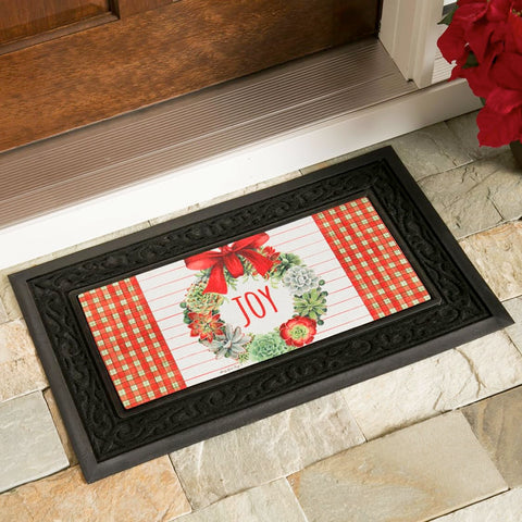 Evergreen Flag Sassafras mat tray on outdoor porch resists rain and dirt.