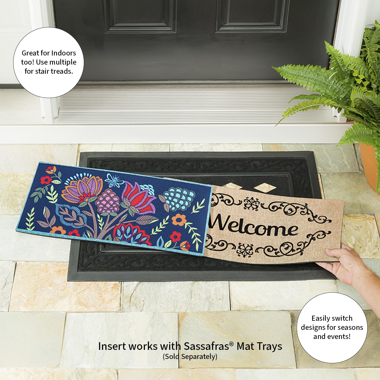Evergreen Flag Sassafras Switch Mat placed in a heavy-duty rubber tray for an interchangeable look.