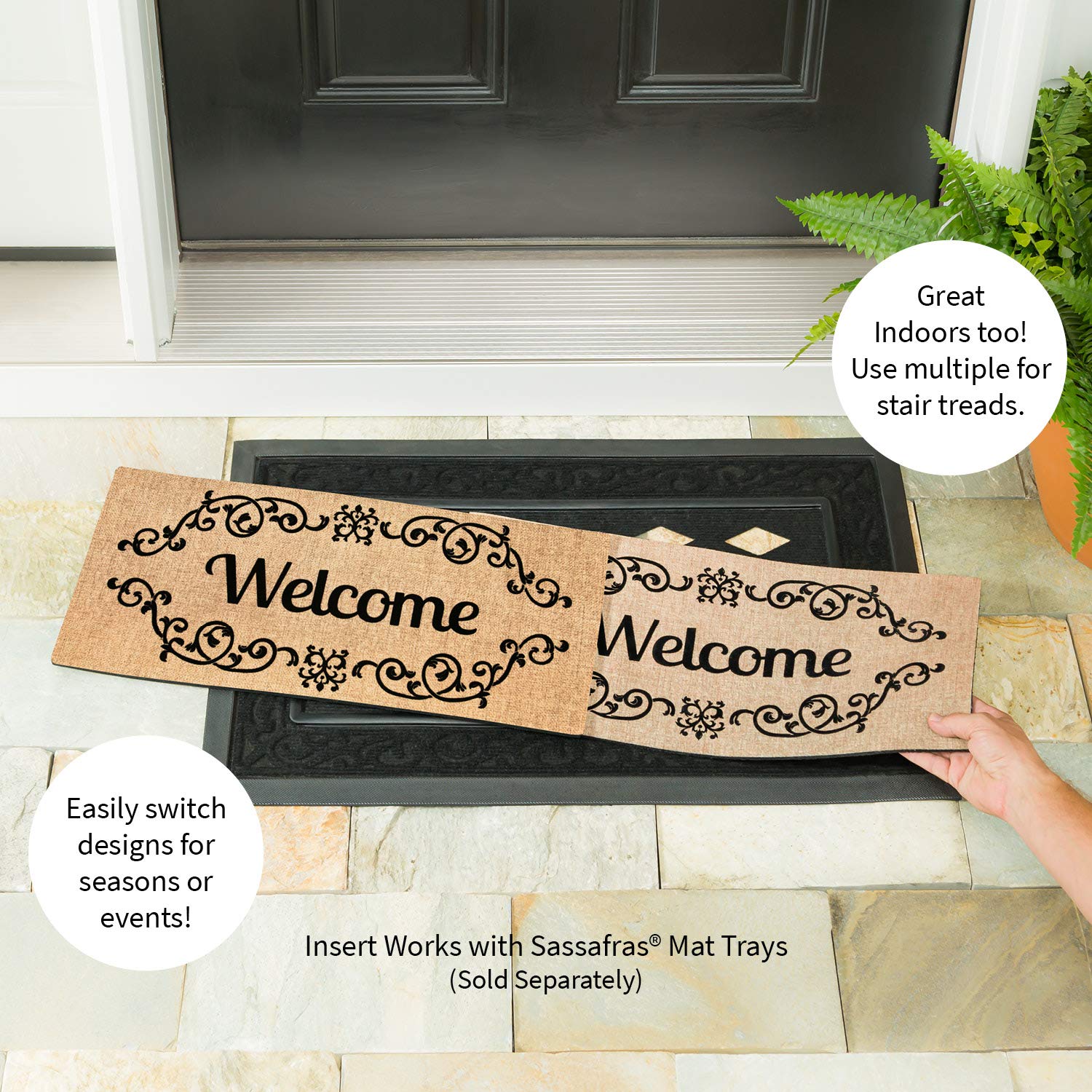 Evergreen Flag Sassafras Welcome Scroll all-season mat resists fading and staining.
