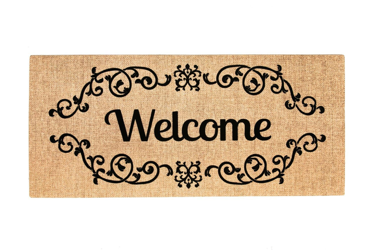 Evergreen Flag Sassafras Welcome Scroll front-mat view for indoor and outdoor use.