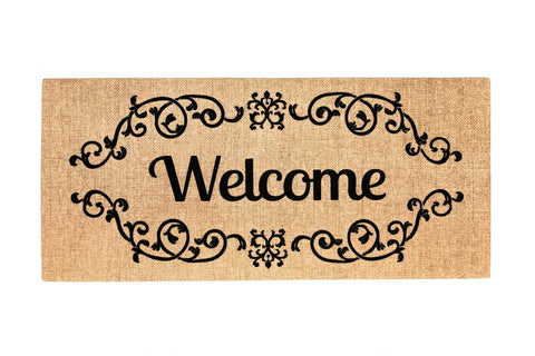 Evergreen Flag Sassafras Welcome Scroll front-mat view for indoor and outdoor use.