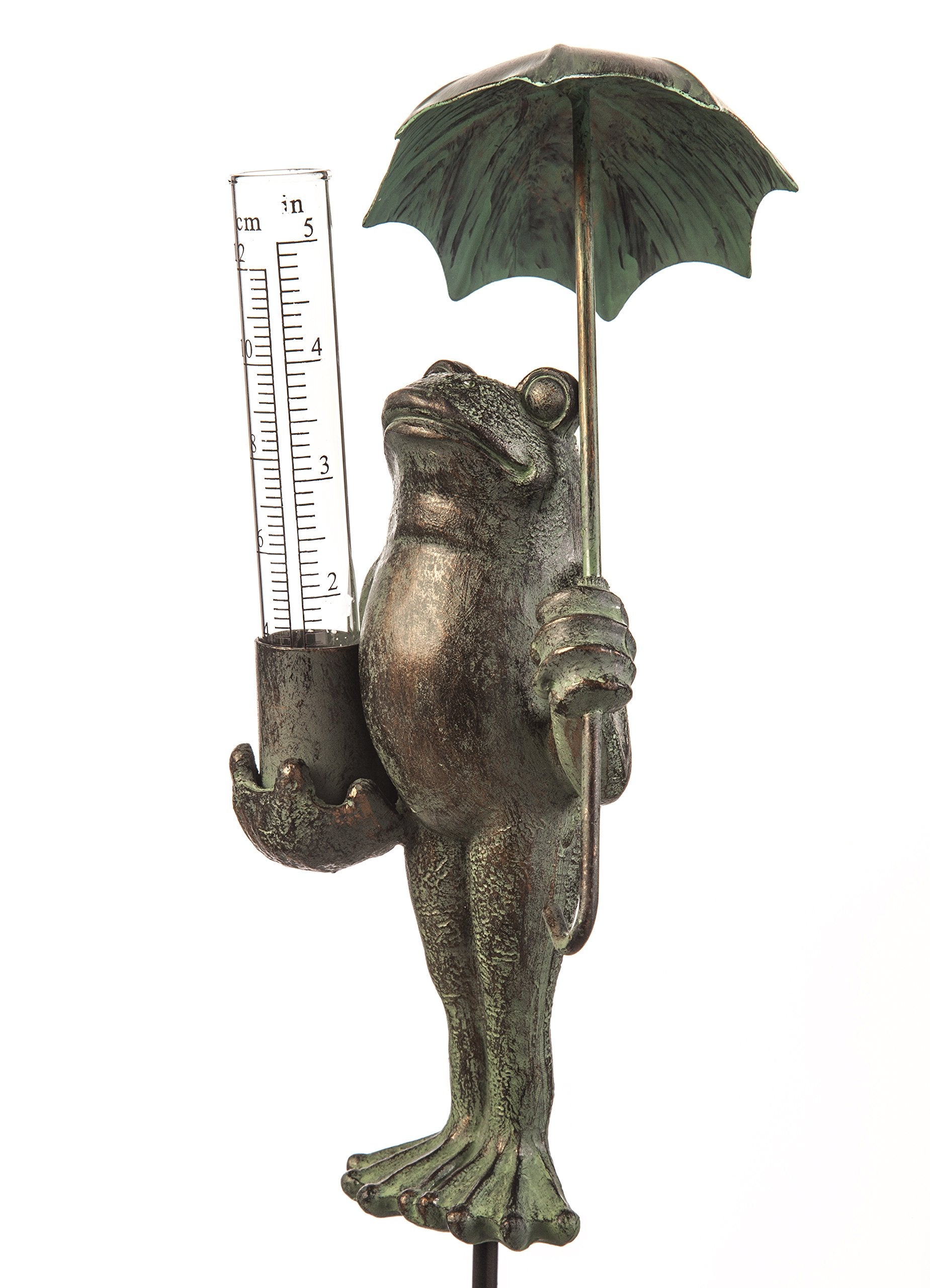 Evergreen Garden metal frog with umbrella rain gauge tracks rainfall at a glance.