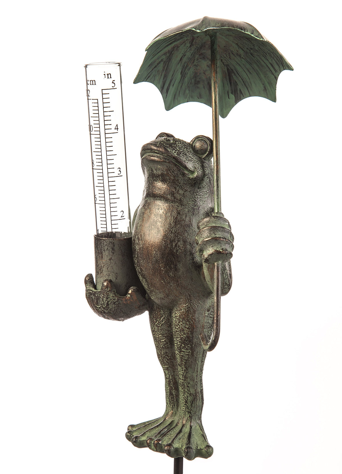 Evergreen Garden metal frog with umbrella rain gauge tracks rainfall at a glance.