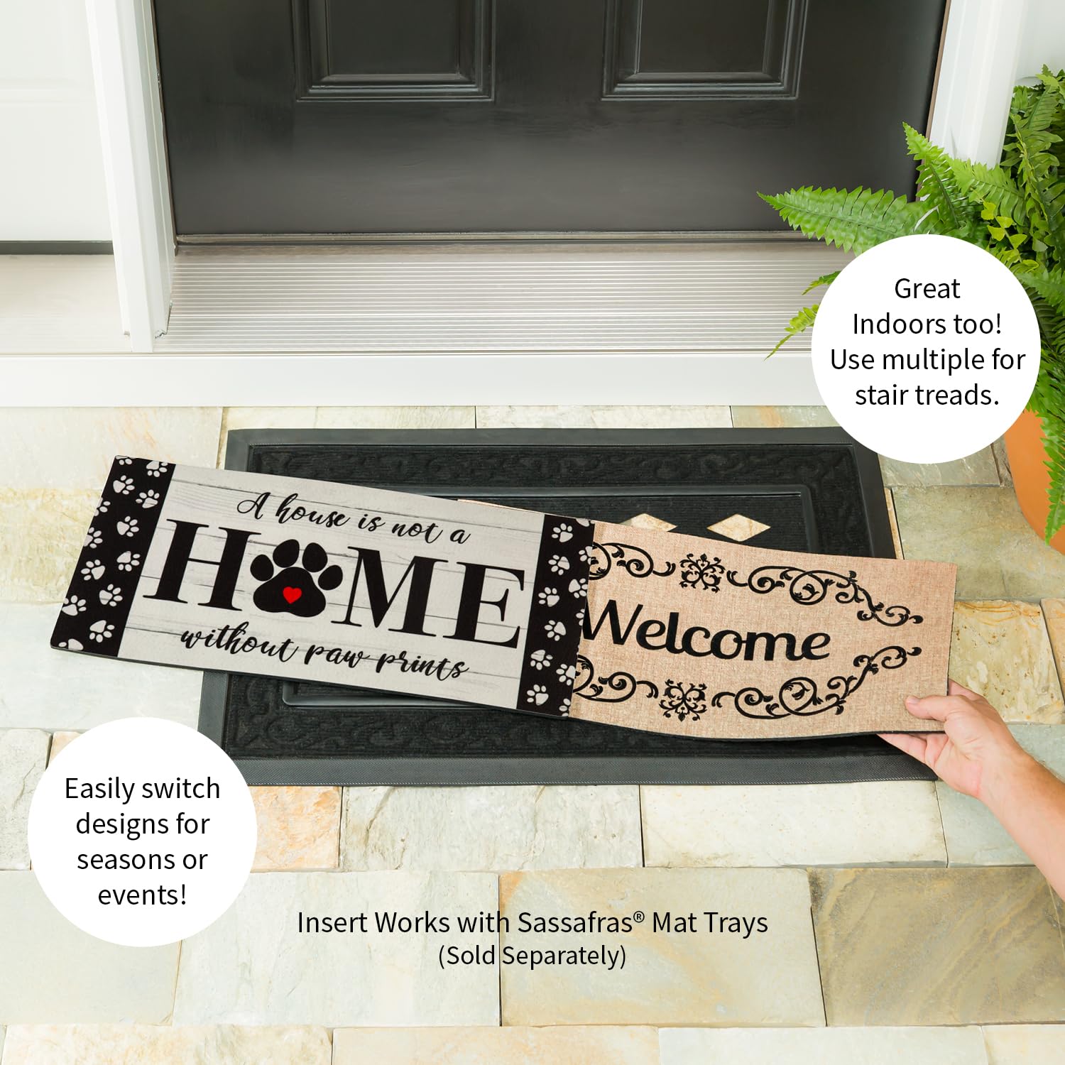 Evergreen Sassafras doormat with cats adds charm and eases cleaning at entrances